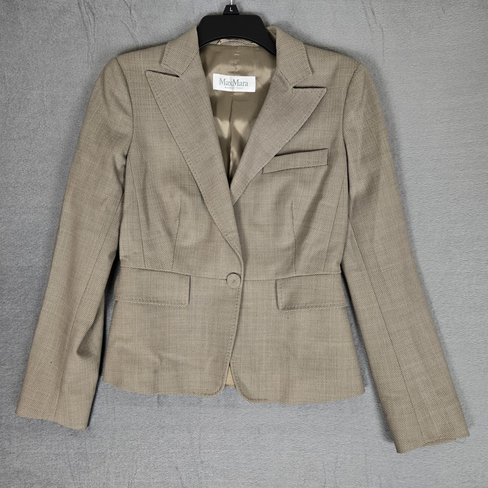 Max Mara Blazer Womens 4 US Brown Herringbone Pure Wool Blend Single Button